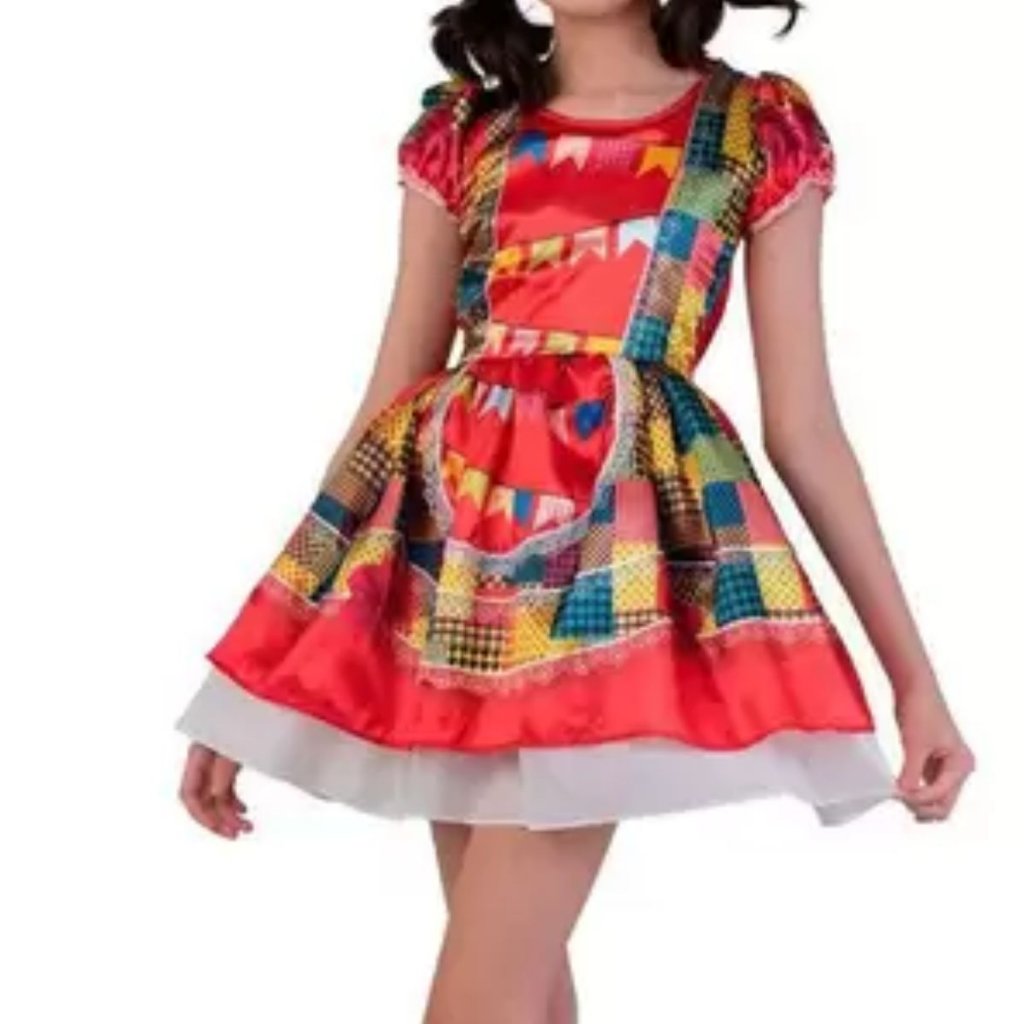 Vestido infantil festa junina com tranças e fitas