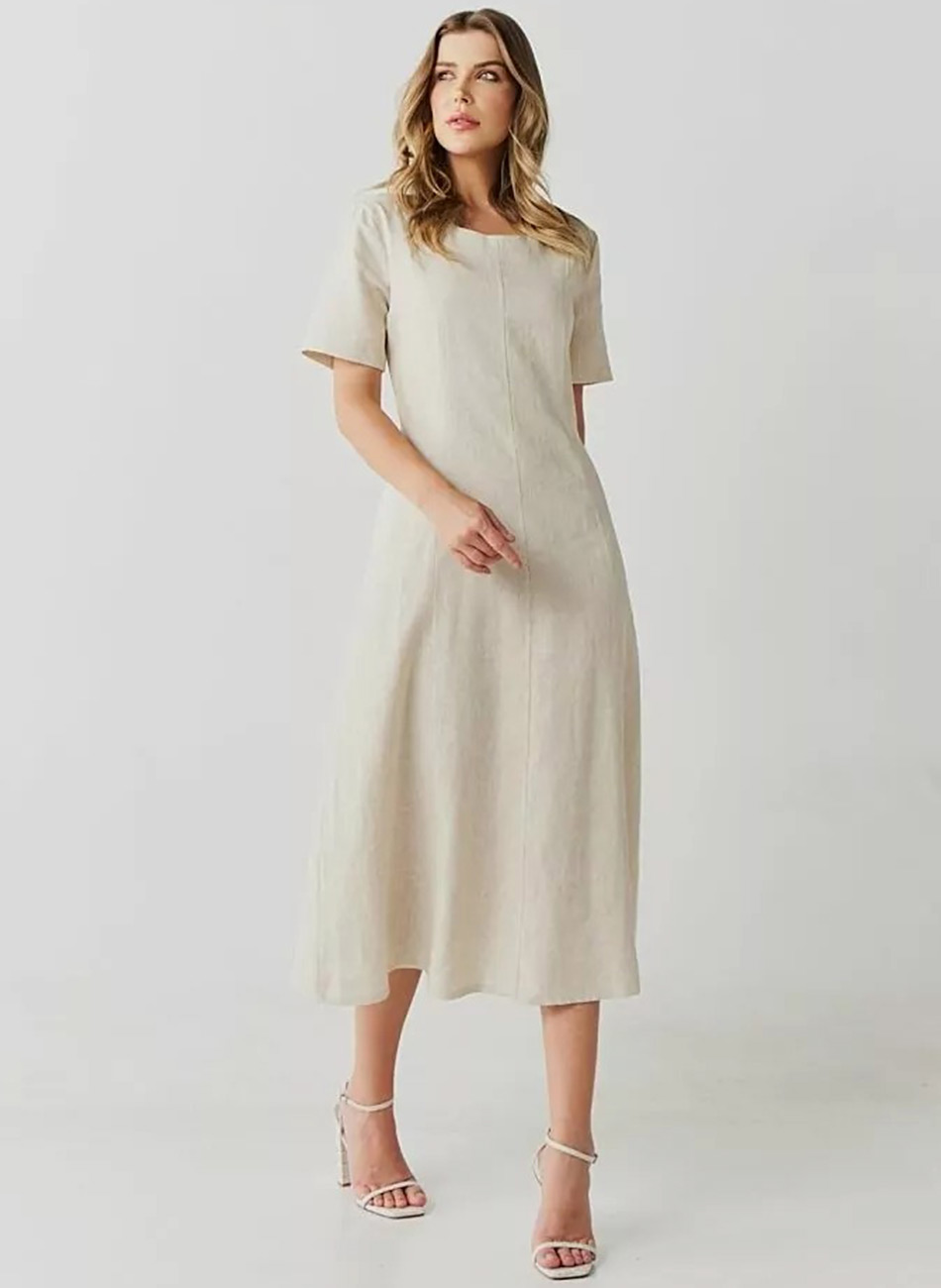 vestido linho bege