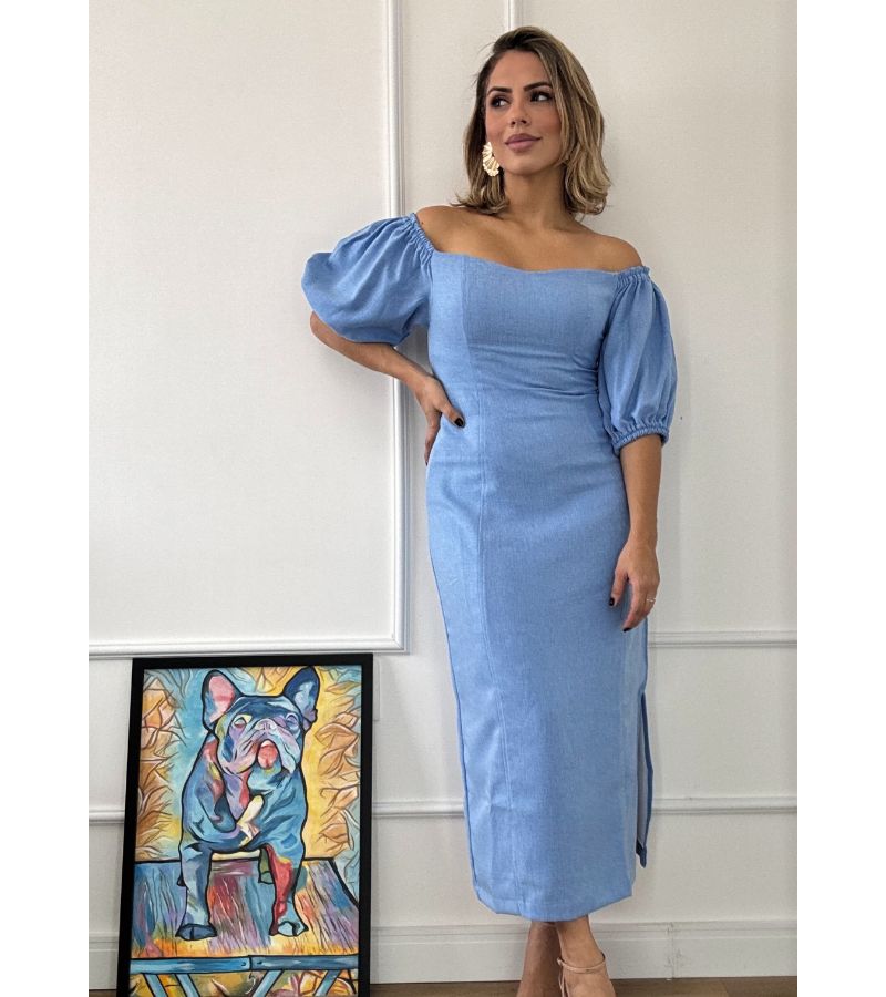 Vestido de linho manga bufante