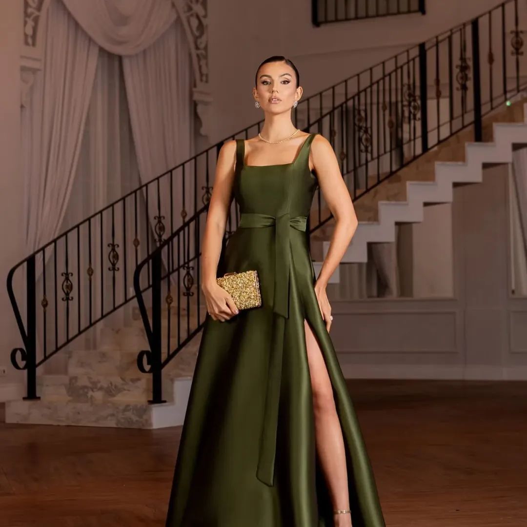 Vestido de festa longo verde oliva