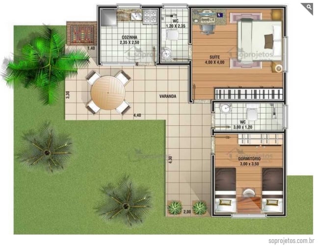 casa em L com telhado aparente