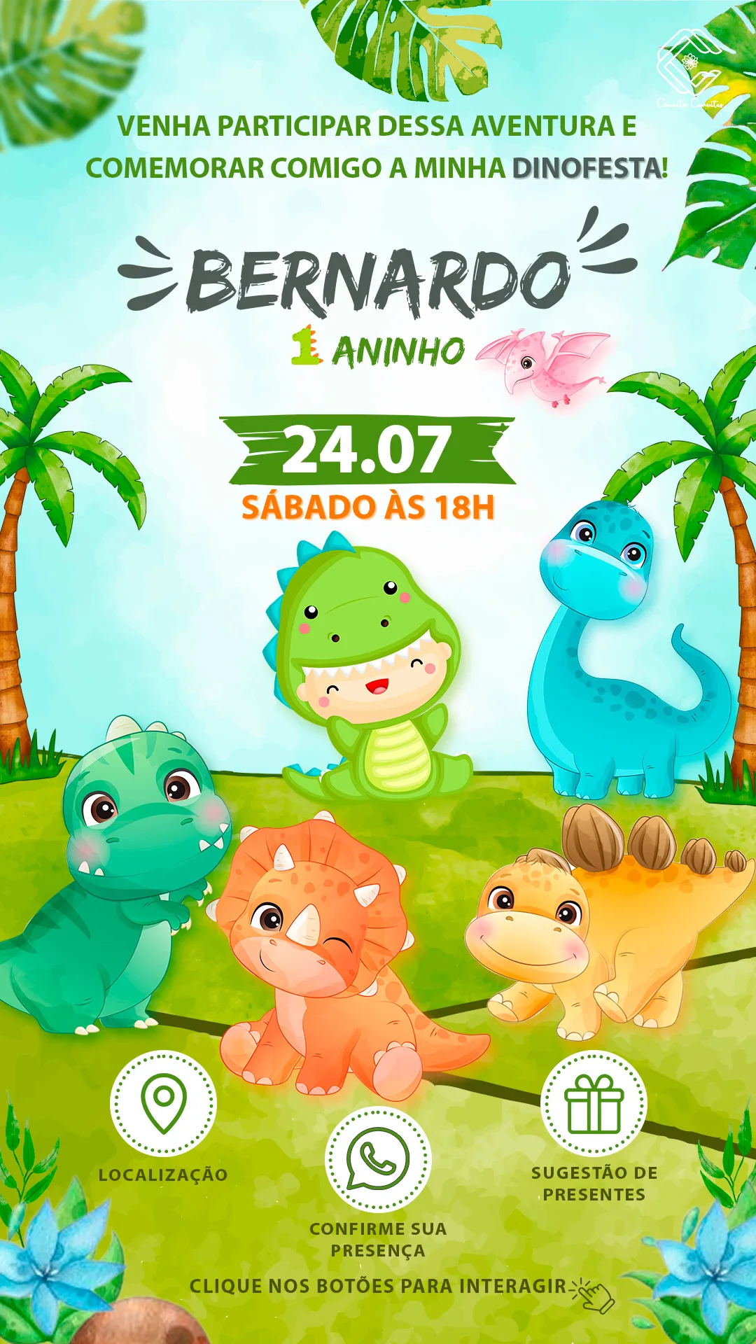 convite digital dinossauro fofo
