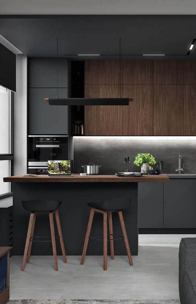 iluminação cozinha cinza e preta