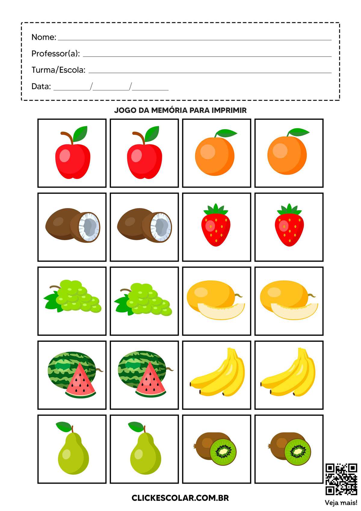 jogo da memória frutas para alfabetização