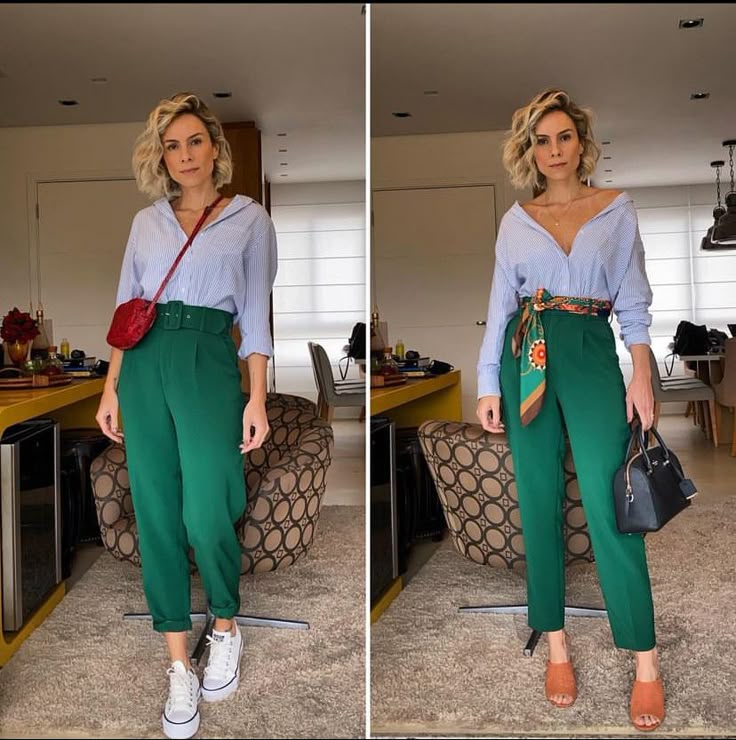 look calça verde bandeira trabalho