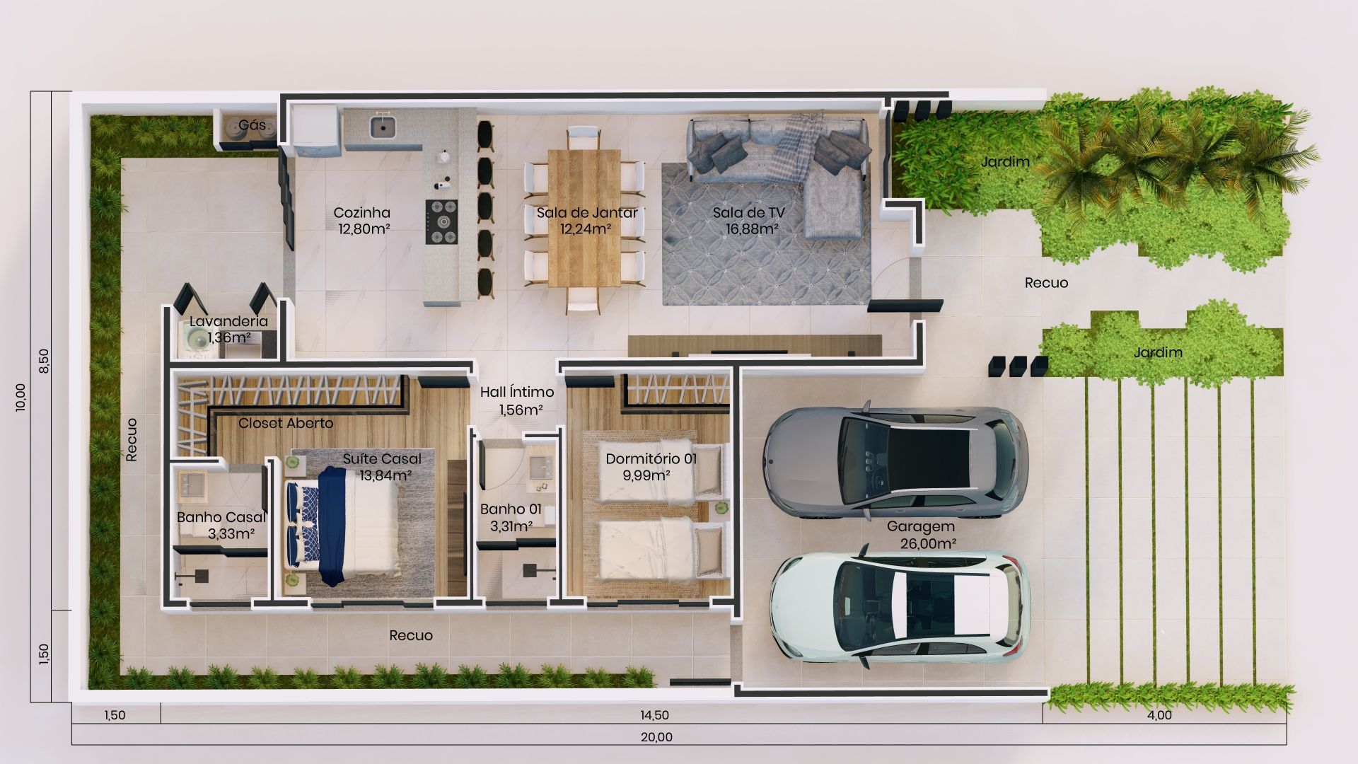 projeto casa 10x20 3 quartos