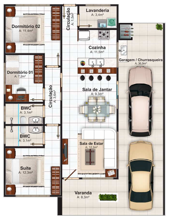 projeto casa 3 quartos térrea
