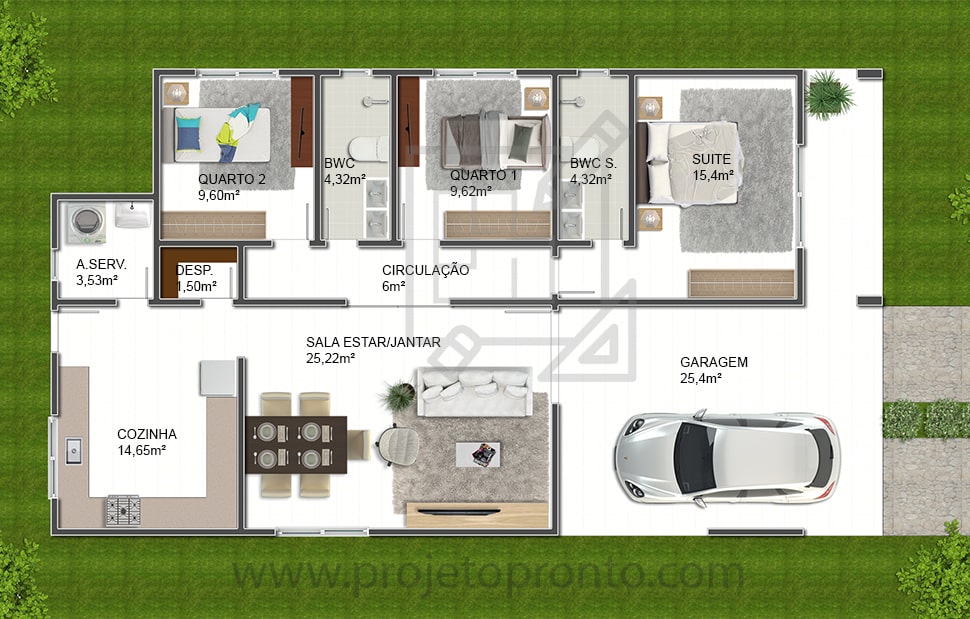 projeto casa 3 quartos térrea