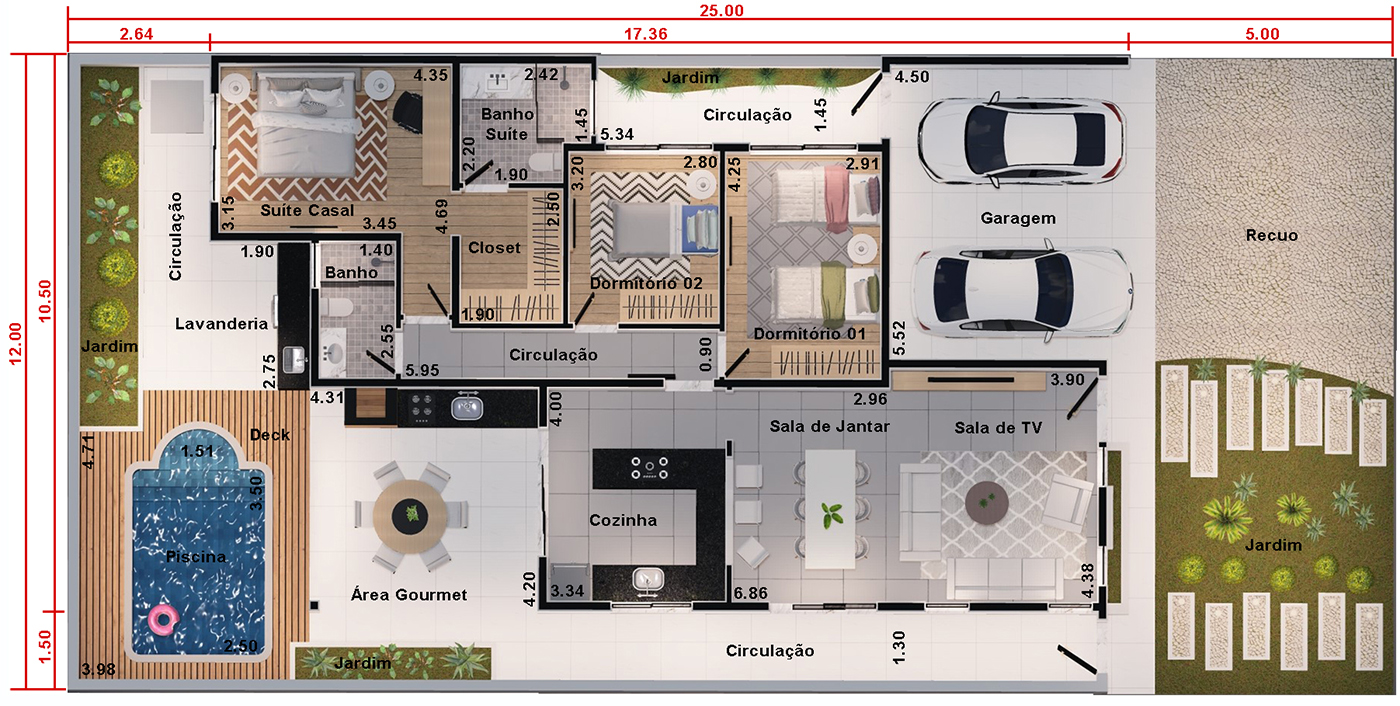 layout casa 3 quartos integrado