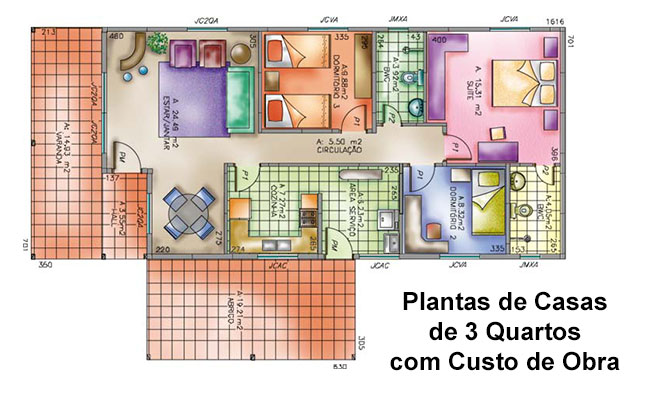 plantas de casas 3 quartos modernas