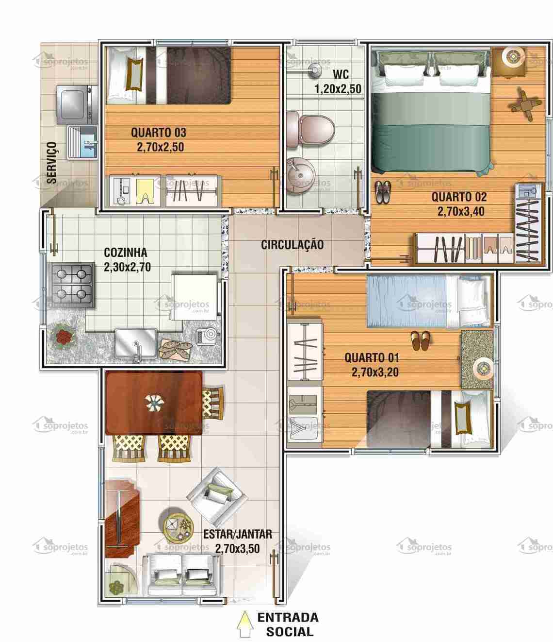 layout casa 3 quartos integrado