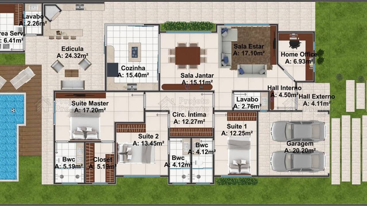 plantas de casas 3 quartos modernas