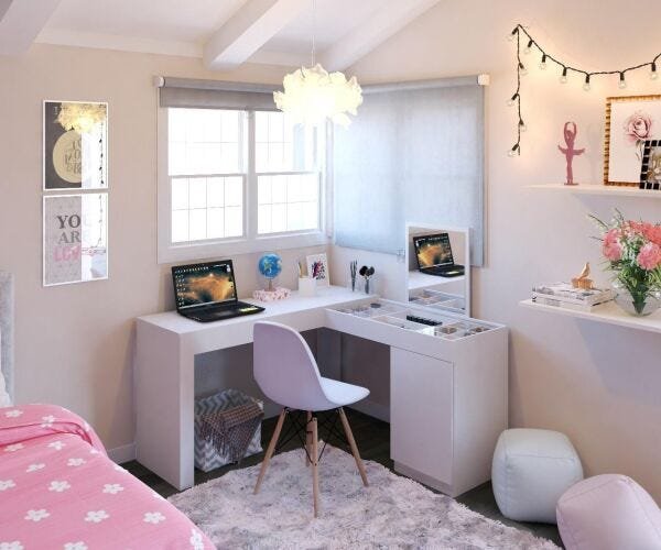 quarto com bancada de maquiagem e estudo