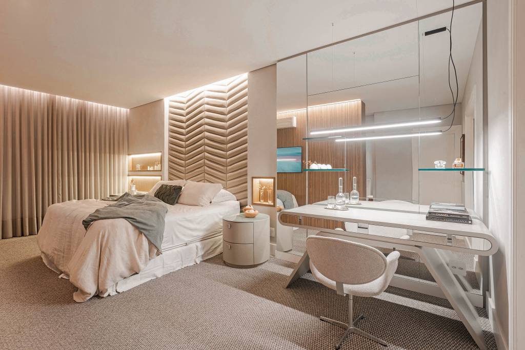 soluções para quartos compactos com penteadeira e mesa