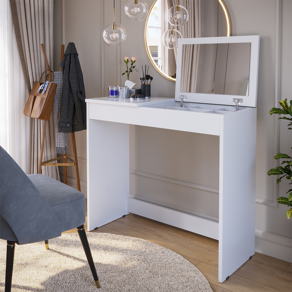 decoração quarto feminino com penteadeira e escrivaninha