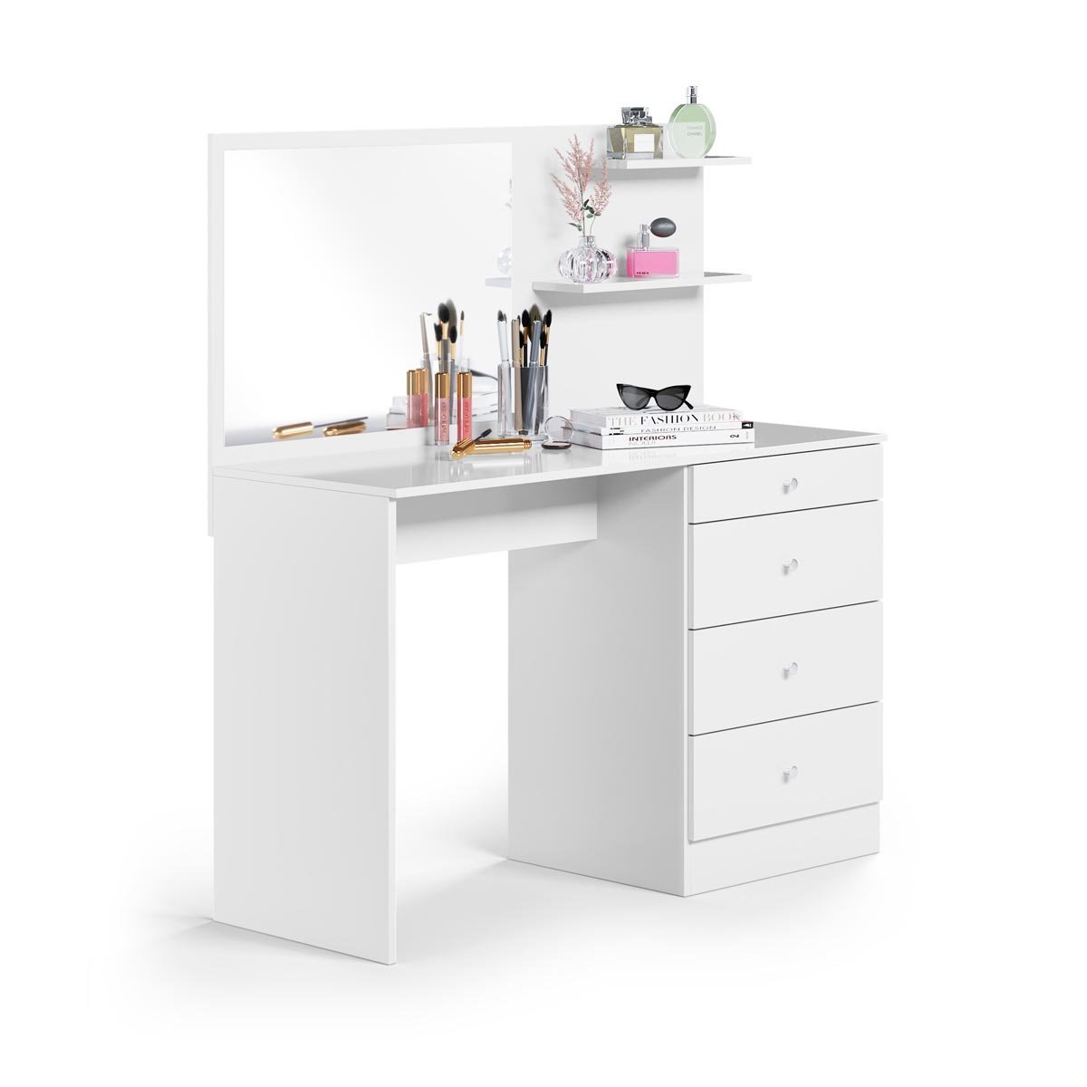 quarto com bancada de maquiagem e estudo