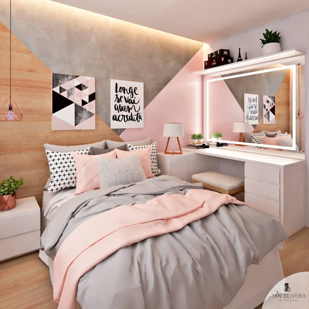 decoração quarto feminino com penteadeira e escrivaninha