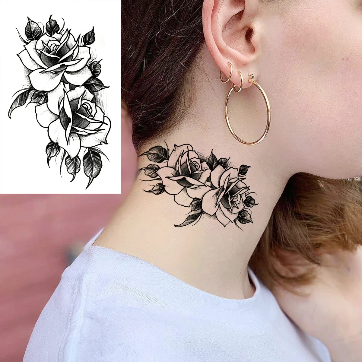 tatuagem rosa realista pescoço