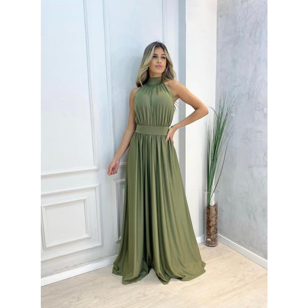 vestido verde oliva com dourado